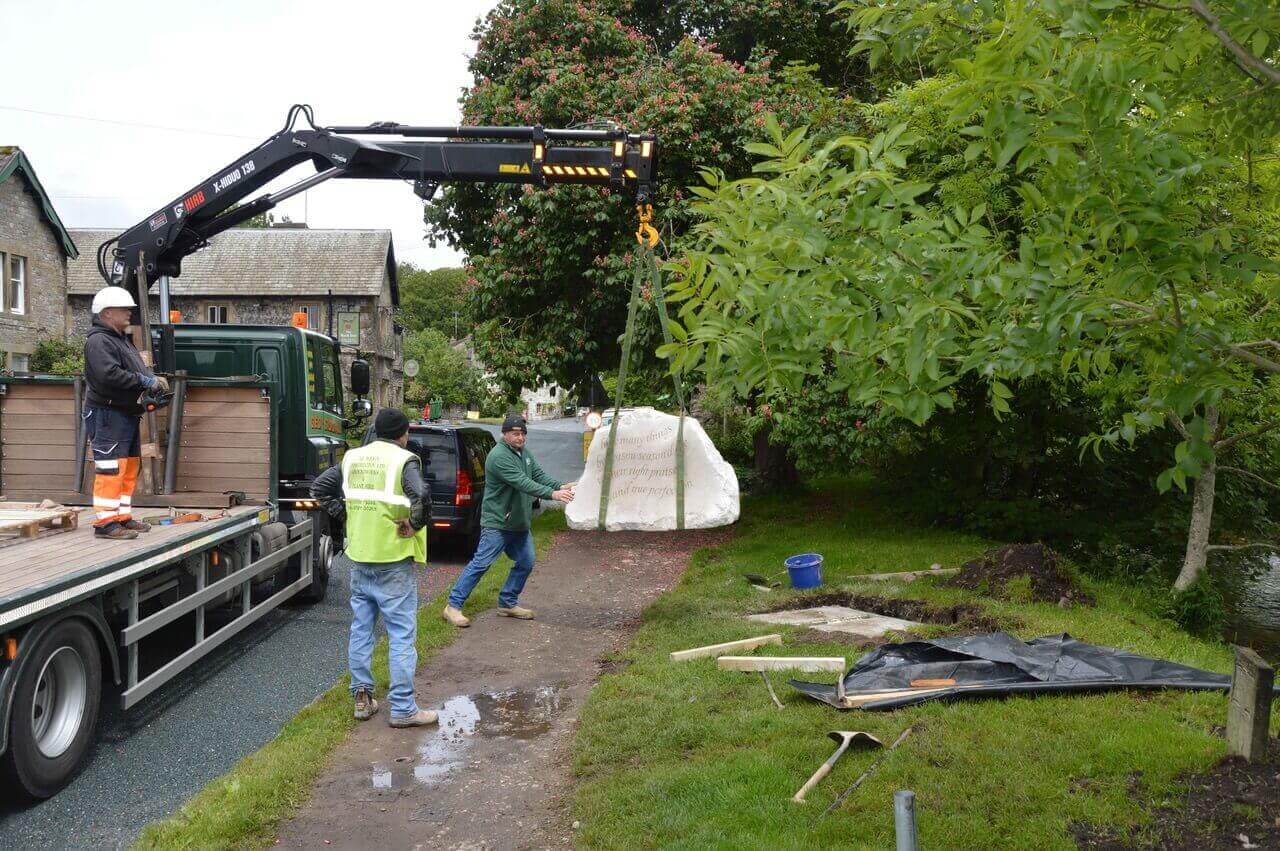 Malham Village Memorial Stone supplied by Buxton Architectural Paving unloaded